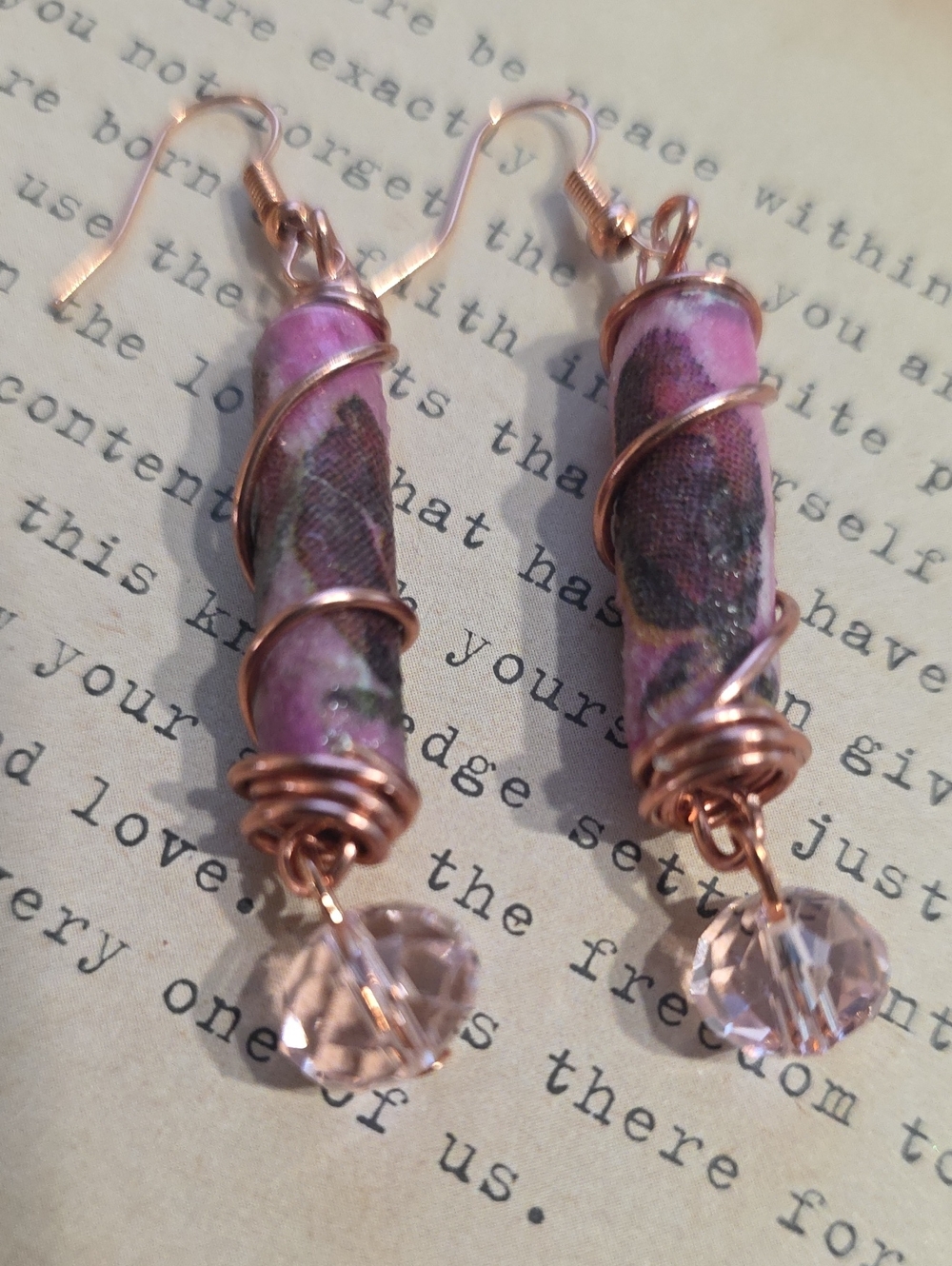 Handcrafted Pink Paper Bead Drop Earrings with Rose Gold Wire